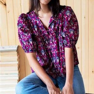 Emerson Fry Paisley Puff Isla Top - Pink Indigo Organic